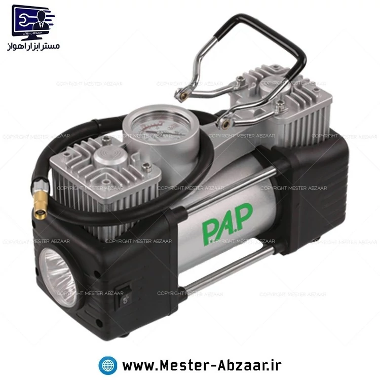 پمپ باد فندکی ماشین قابلیت اتصال به برق شهری قابل انتخاب دو سیلندر برند پی ای پی PAP مدل P.A.P AC-1502 با لوا