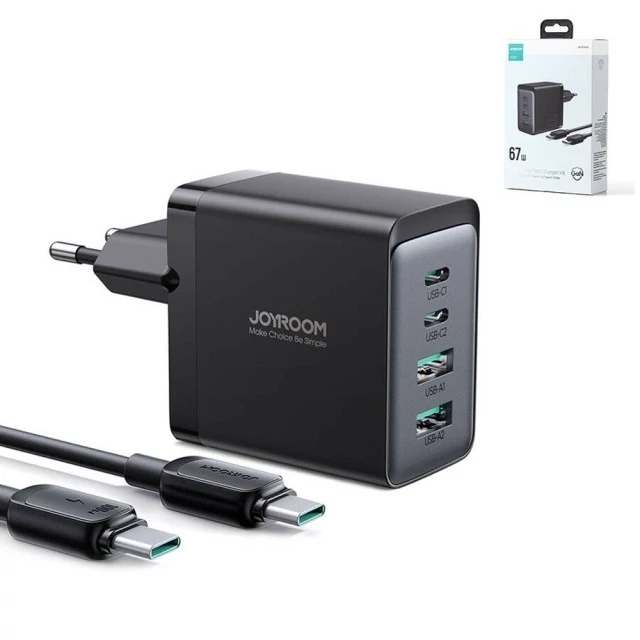 شارژر دیواری تایپ سی و یو اس بی 67 وات با کابل دو سر تایپ سی جویروم TCG02 JOYROOM TCG02 GaN