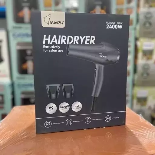 سشوار ولف w.wolf توان 2400 وات باد سرد و گرم سه حالته پرتاب باد سه سرعته بدنه سنگین