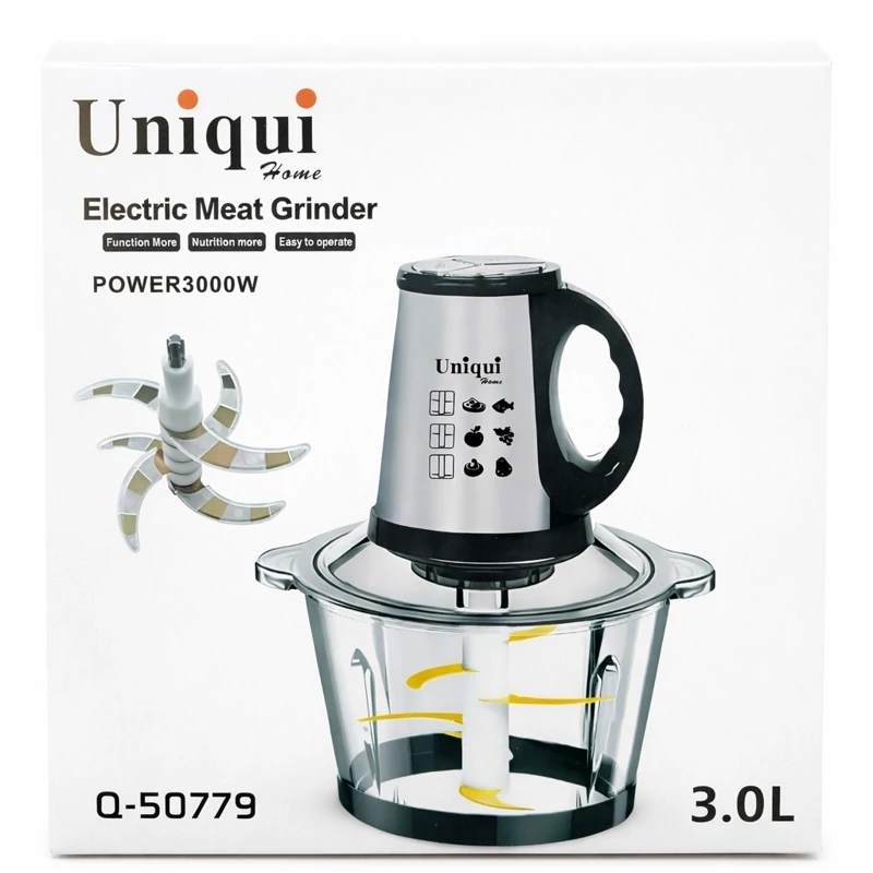 خردکن و گوشت کوب برقی Uniqui مدل Q-50779 با توان قدرتمند 3000 وات و کاسه شیشه ای 3 لیتری