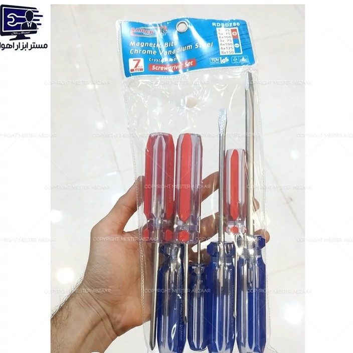 ست پیچ گوشتی 7 عددی برند رایدر پرو دسته شیشه ای چهارسو و دوسو مدل RAIDER PRO RDSD786