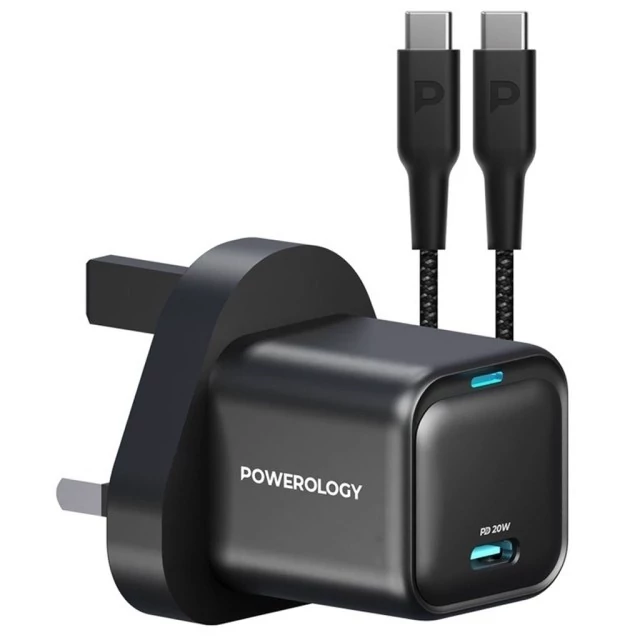 شارژر دیواری فست شارژ تایپ سی 20 وات با کابل دو سر تایپ سی 60 وات پاورولوژی PWCUQC016 Powerology 20W