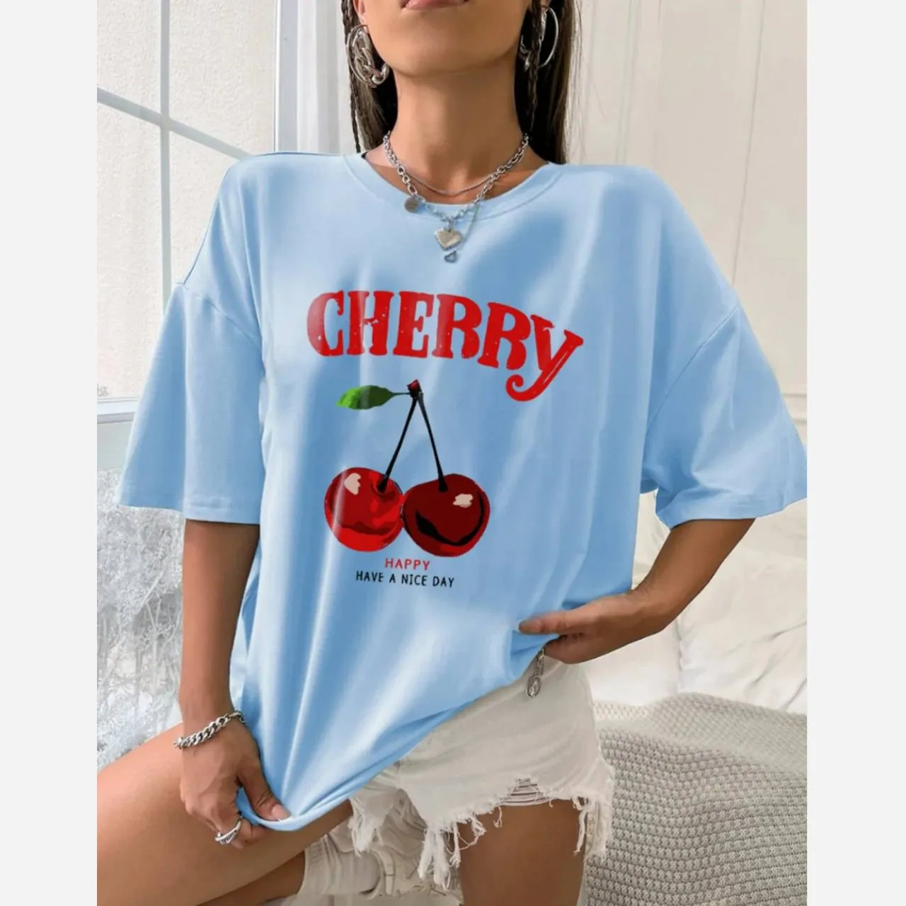 تیشرت باکسی ترند سوپر نخ پنبه گیلاس 🍒
