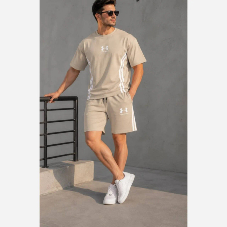 ست تیشرت شلوارک بیسکوییتی طرح جذاب UNDER ARMOUR نواردوزی شده