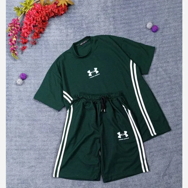 ست تیشرت شلوارک بیسکوییتی طرح جذاب UNDER ARMOUR نواردوزی شده
