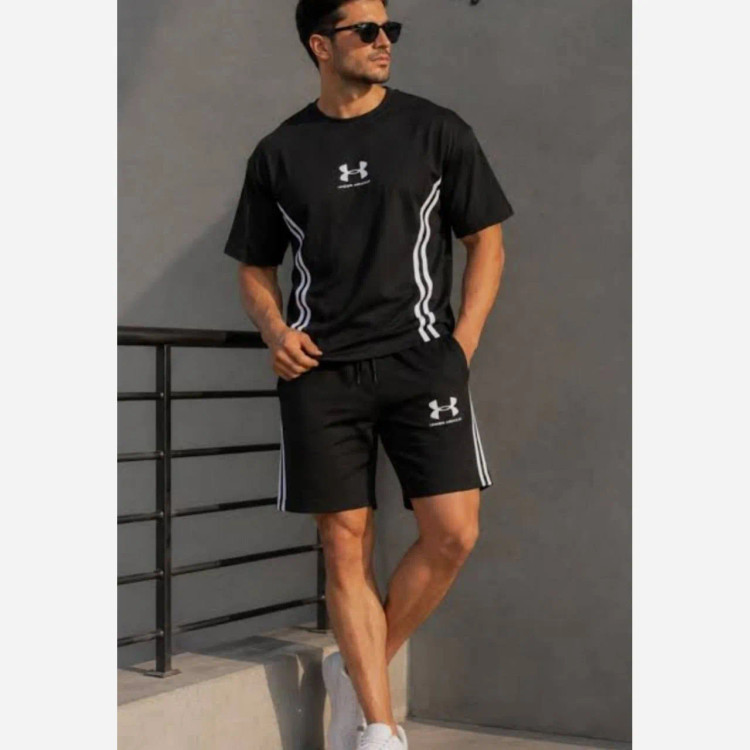 ست تیشرت شلوارک بیسکوییتی طرح جذاب UNDER ARMOUR نواردوزی شده