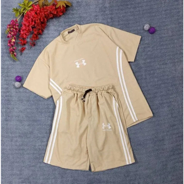 ست تیشرت شلوارک بیسکوییتی طرح جذاب UNDER ARMOUR نواردوزی شده