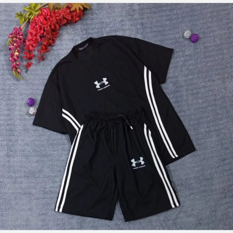 ست تیشرت شلوارک بیسکوییتی طرح جذاب UNDER ARMOUR نواردوزی شده
