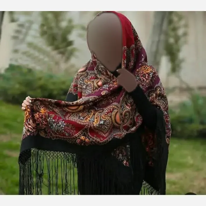 روسری ترکمنی اصل پشمی ریشه ابریشم برند Pavlovo Posad قواره 148 سانتی متر تولید روسیه