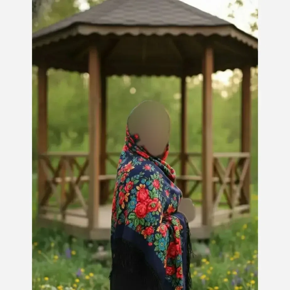 روسری ترکمنی اصل پشمی آبی برند Pavlovo Posad قواره 148 در 148 سانتیمتر